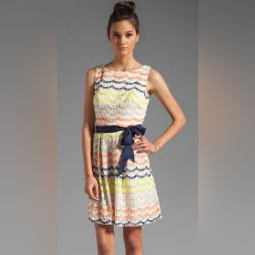 Trina Turk - tailored mini-fringe dress, blue/yellow/orange/cream - Size 4